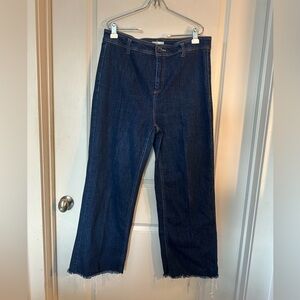 OAT New York High Rise Wide Leg Raw Hem Dark Wash Patch Pocket Stretch Jeans,16W